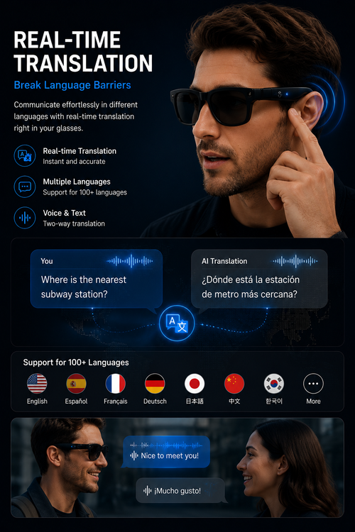 Pryxo™- Smart Glasses-Speak naturally in 100+ languages without taking out your phone.